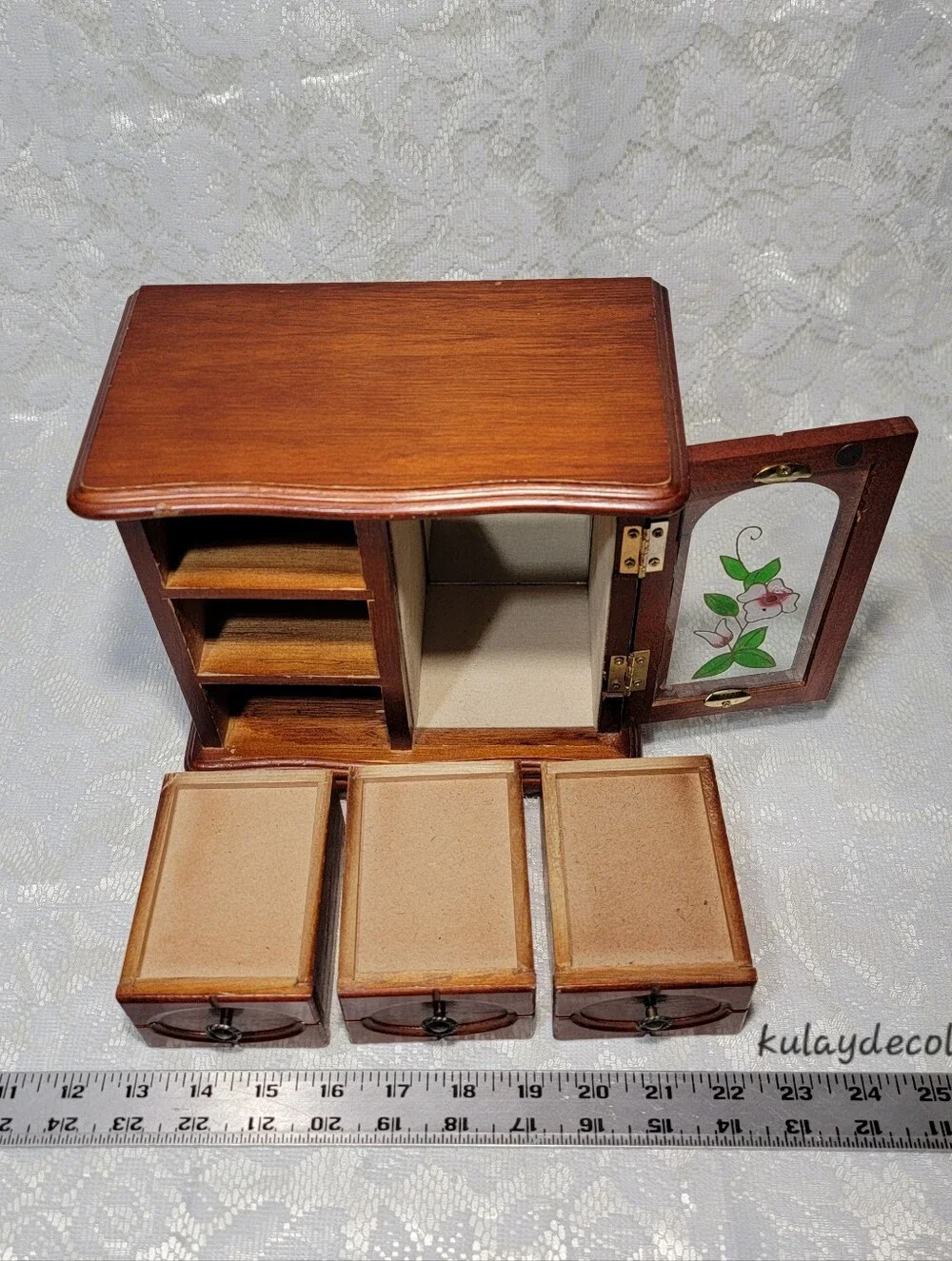 Vintage Wooden Jewelry Box Organizer 3 Drawer Mirrored Floral Glass Door Trinket